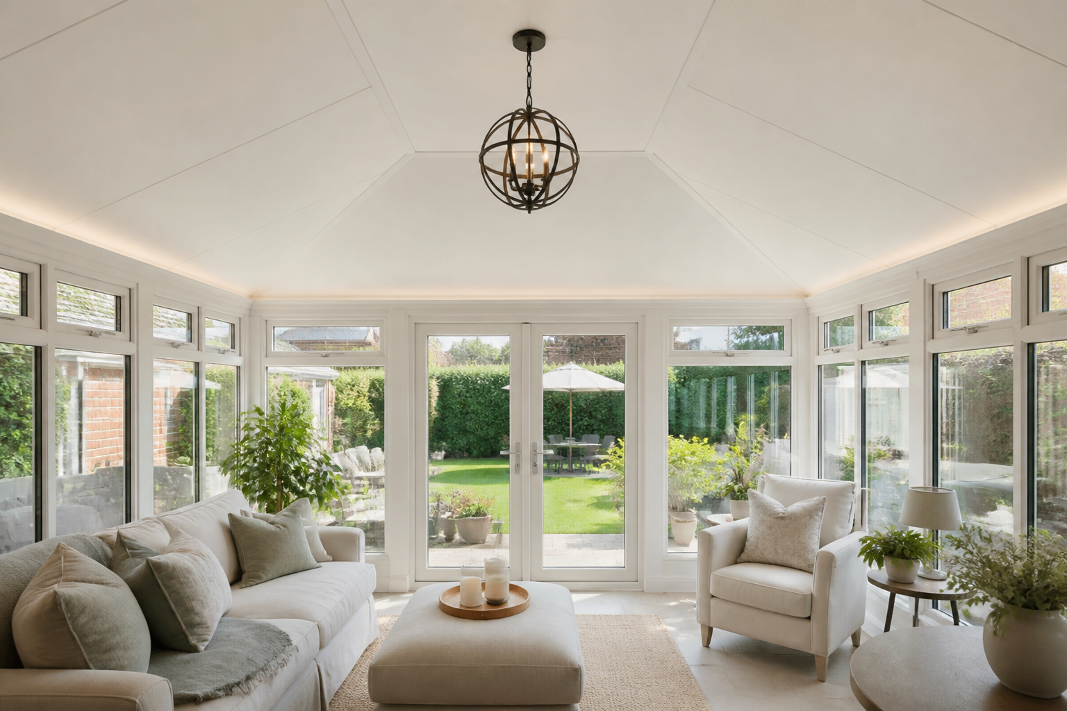 A bright, modern conservatory interior with a solid, insulated warm roof system, showing no signs of leaks or damp.