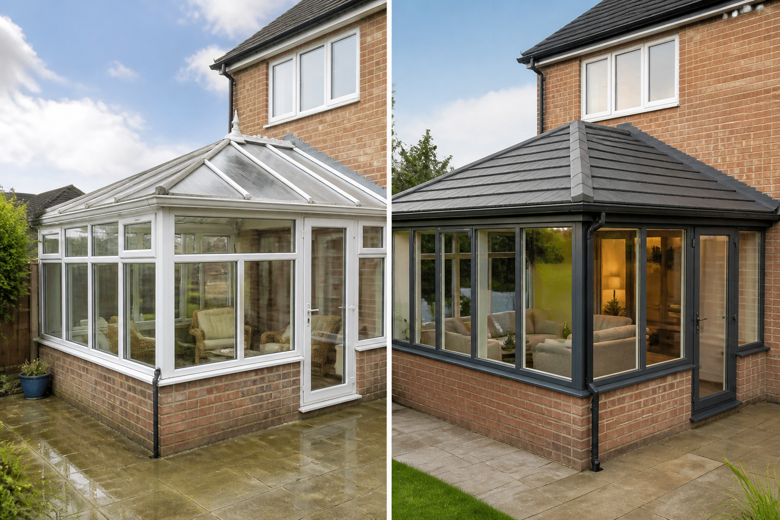 Before and after comparison showing an old polycarbonate conservatory roof transformed into an attractive, solid warm…