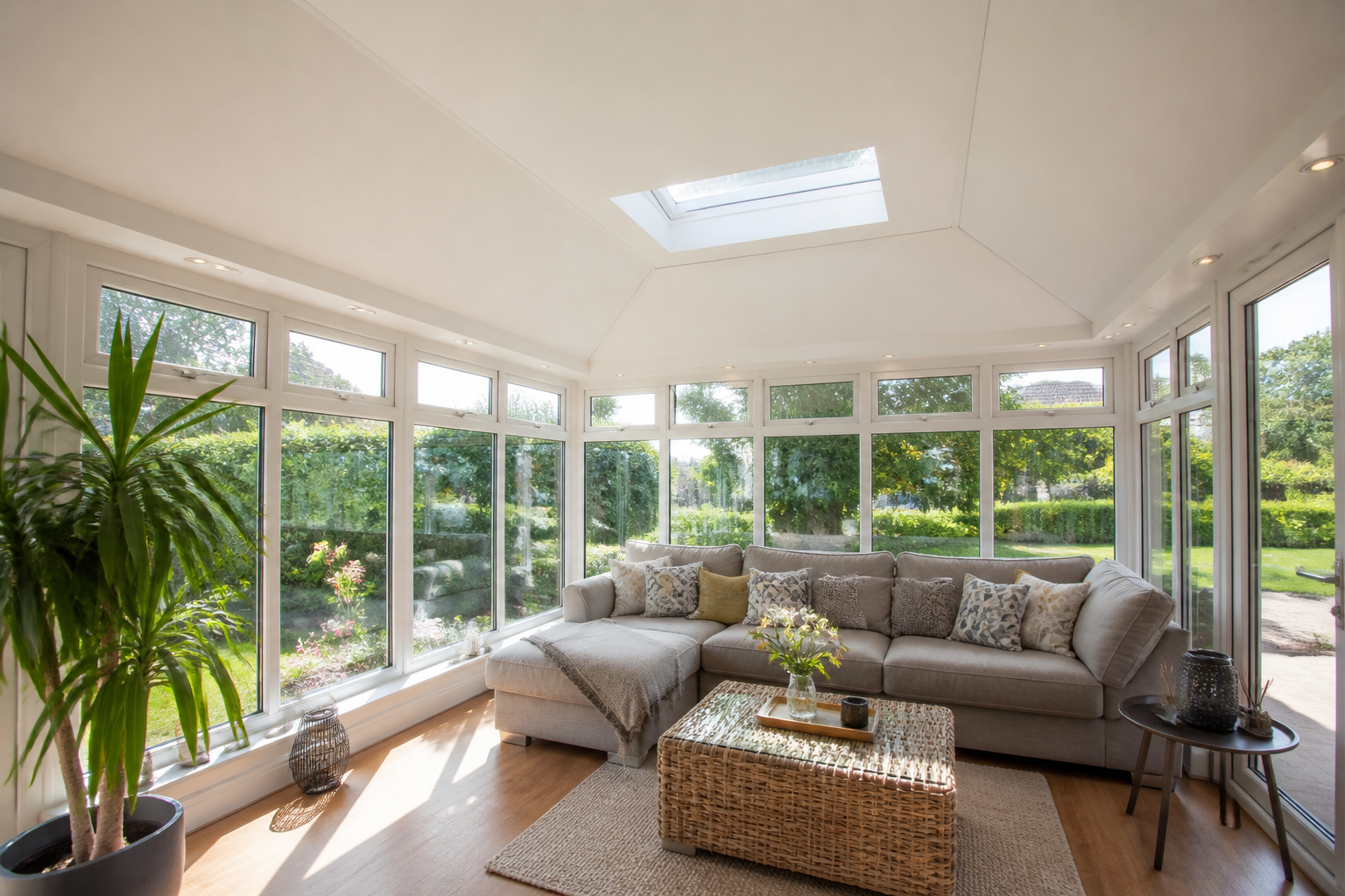 Bright, modern conservatory interior with a newly installed, solid thermally insulated SupaLite warm roof system…