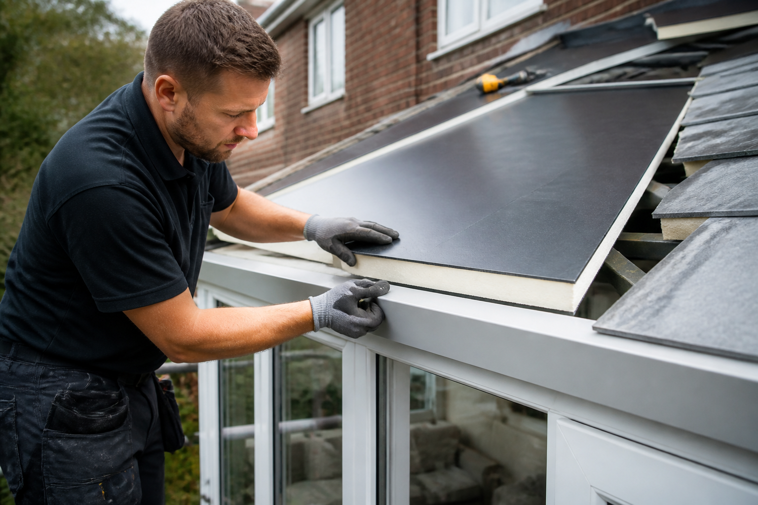 Southside Better Roofs team member expertly fitting a section of a SupaLite warm roof onto a conservatory structure…