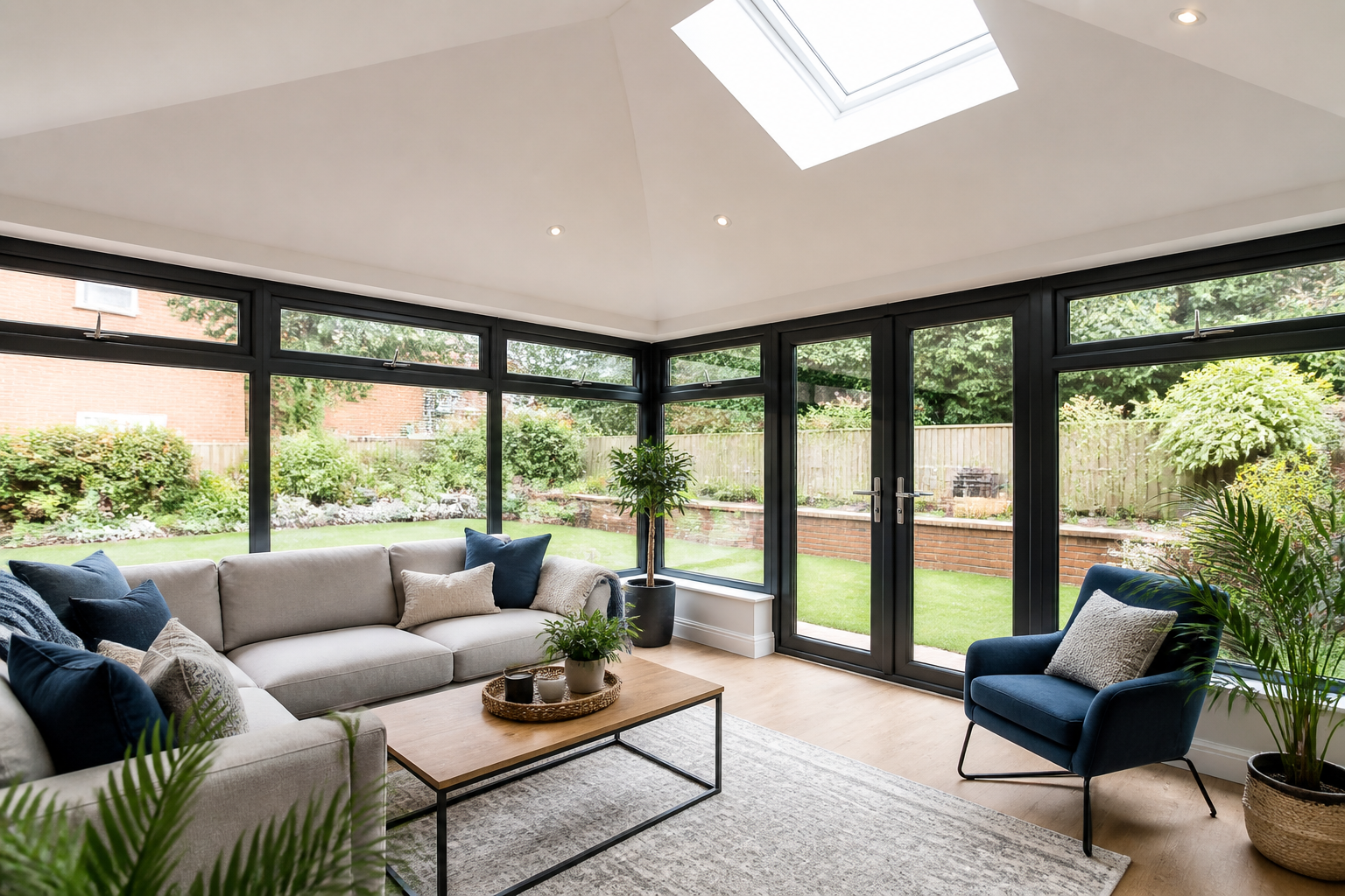Bright, modern conservatory interior with a newly installed white SupaLite warm roof, showing comfortable furniture…