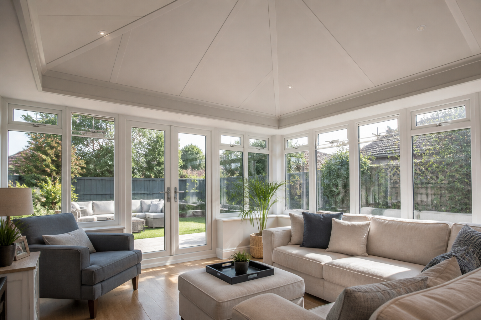 Bright and airy conservatory interior with a new, insulated tiled warm-roof system, showcasing natural light and…