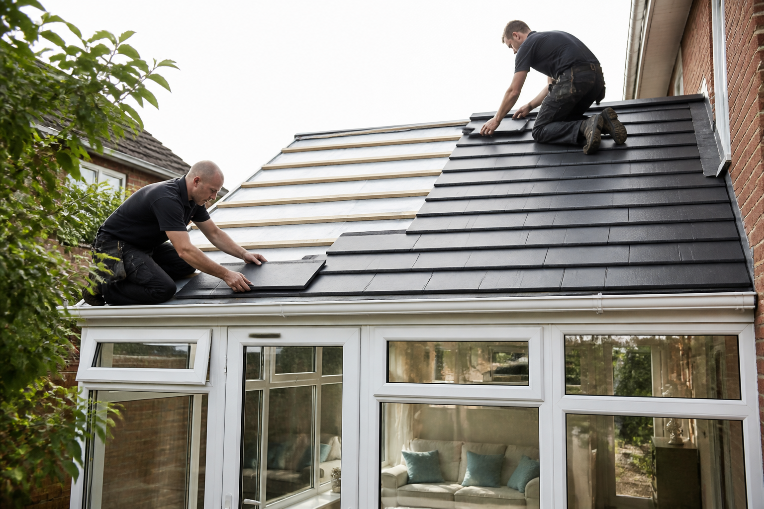 Close-up of a high-quality, lightweight roof tile being expertly installed on a conservatory, highlighting skilled…