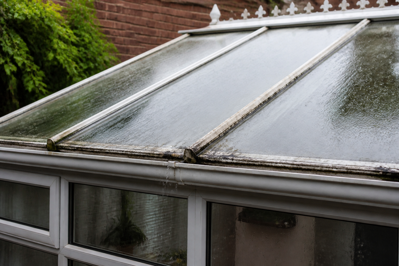 Close-up of a damaged conservatory roof, with visible water ingress and signs of wear and tear leading to leaks