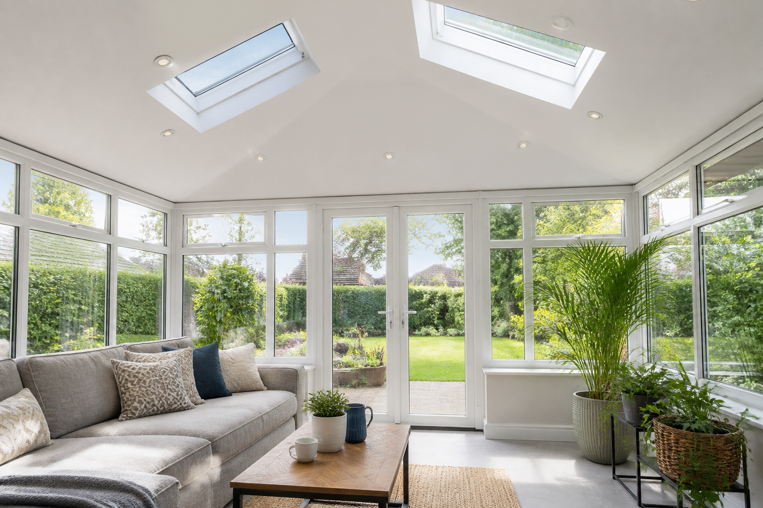 Modern conservatory with a new SupaLite warm roof, bright and airy, showing no signs of leaks or dampness