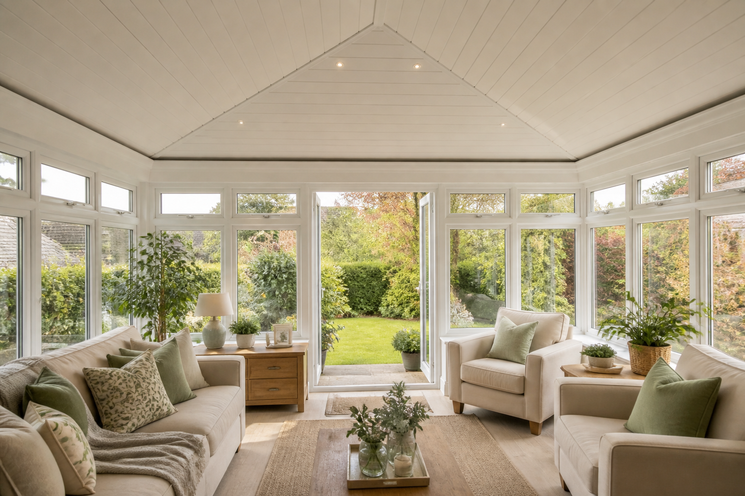 Bright and inviting conservatory interior with a fitted SupaLite™ insulated warm roof, showcasing comfortable…
