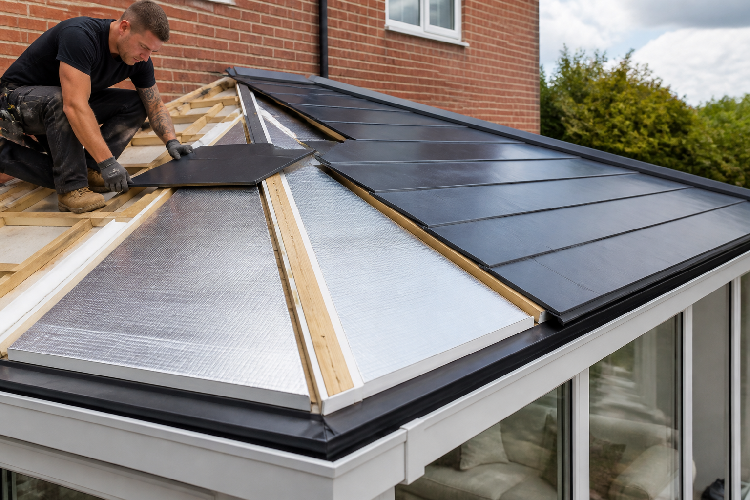 Close-up of a high-quality SupaLite™ insulated warm roof panel, illustrating its sturdy construction and insulation…