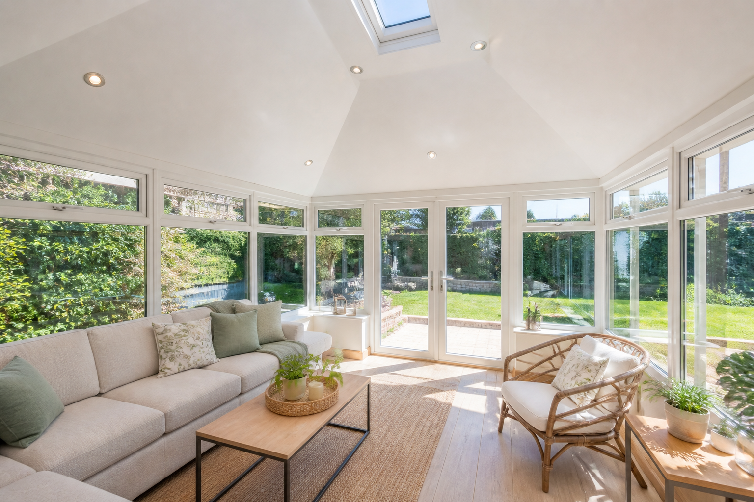 Bright and airy conservatory interior with a newly installed insulated roof, showing no signs of leaks or dampness.