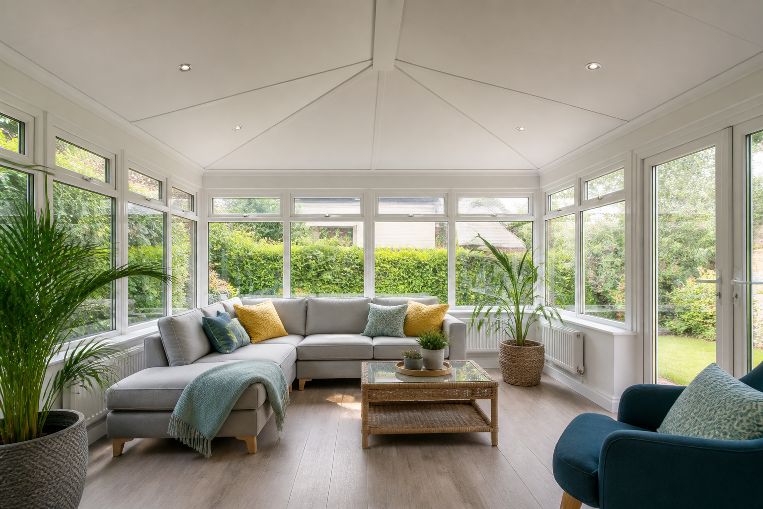 Bright and inviting conservatory interior with a newly installed white insulated warm roof system and comfortable…