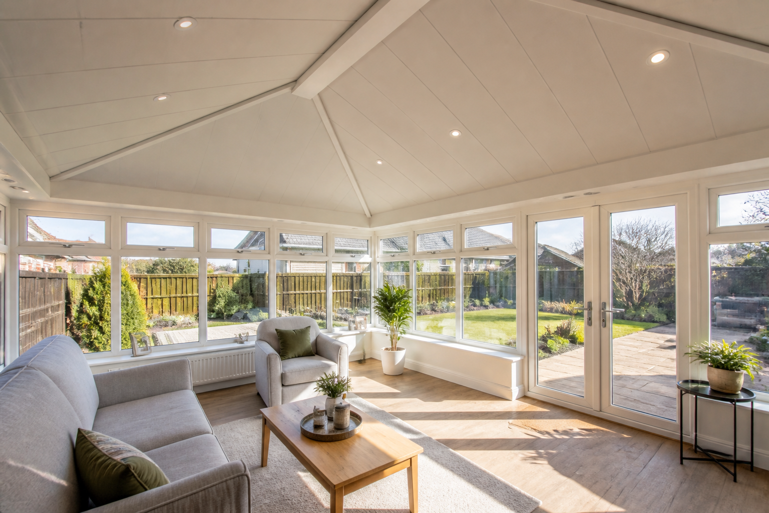 Bright and inviting conservatory interior featuring a new SupaLite™ insulated warm roof, flooded with natural light…