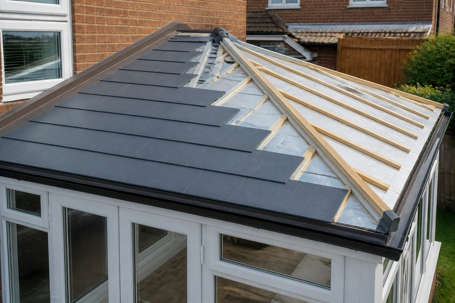 Close-up of a SupaLite lightweight conservatory roof tile section, showing its durable construction and attractive…