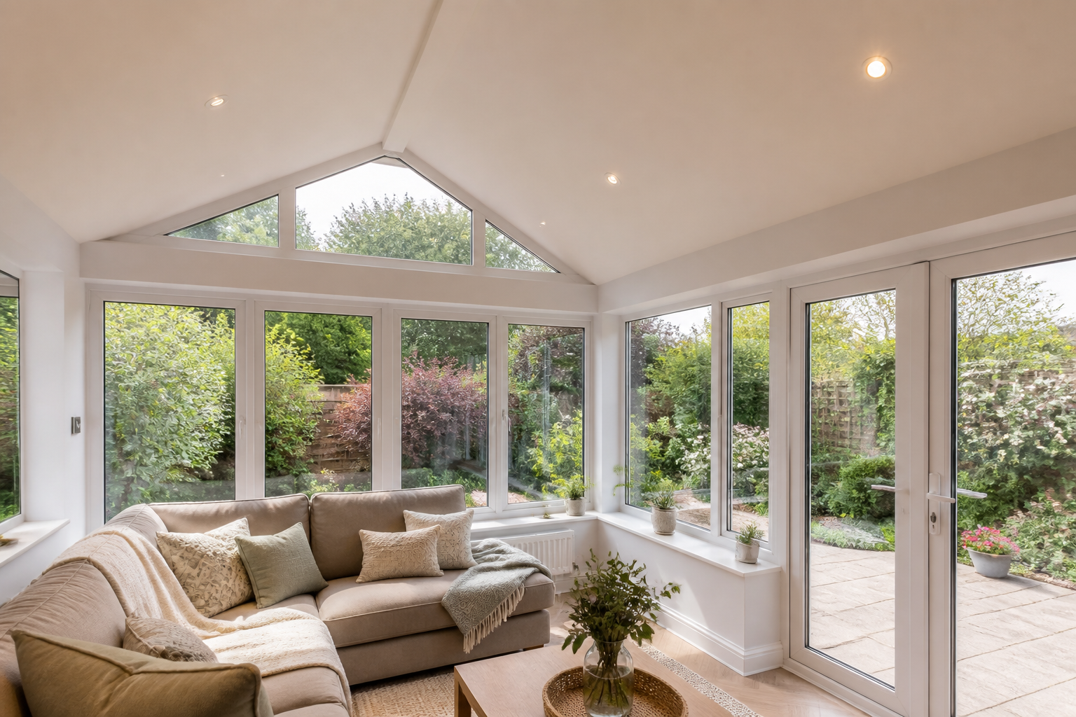 Bright conservatory interior with a newly installed SupaLite warm roof, showing the plastered ceiling and natural light
