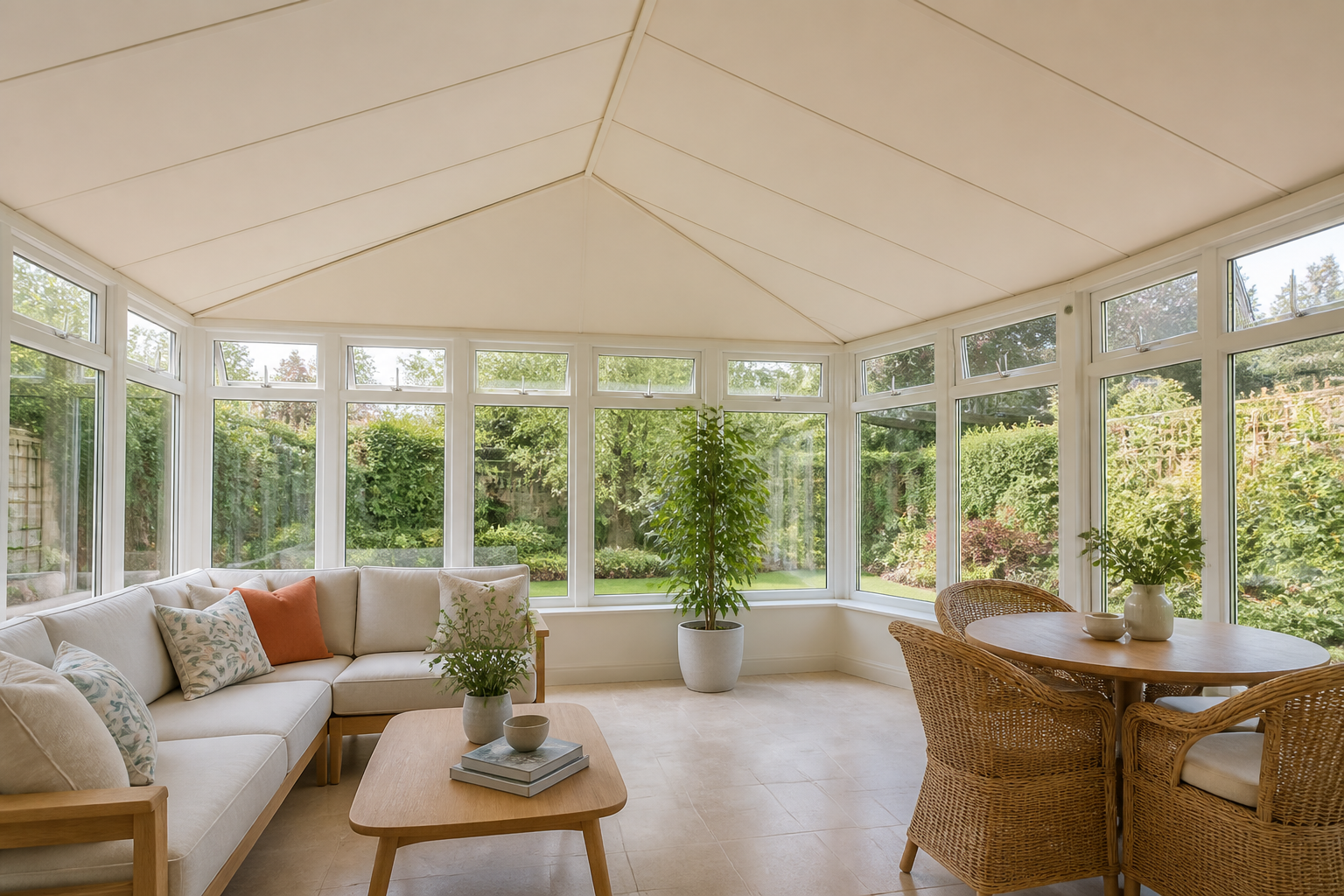 Bright, modern conservatory interior with a pristine, insulated warm roof system and abundant natural light.