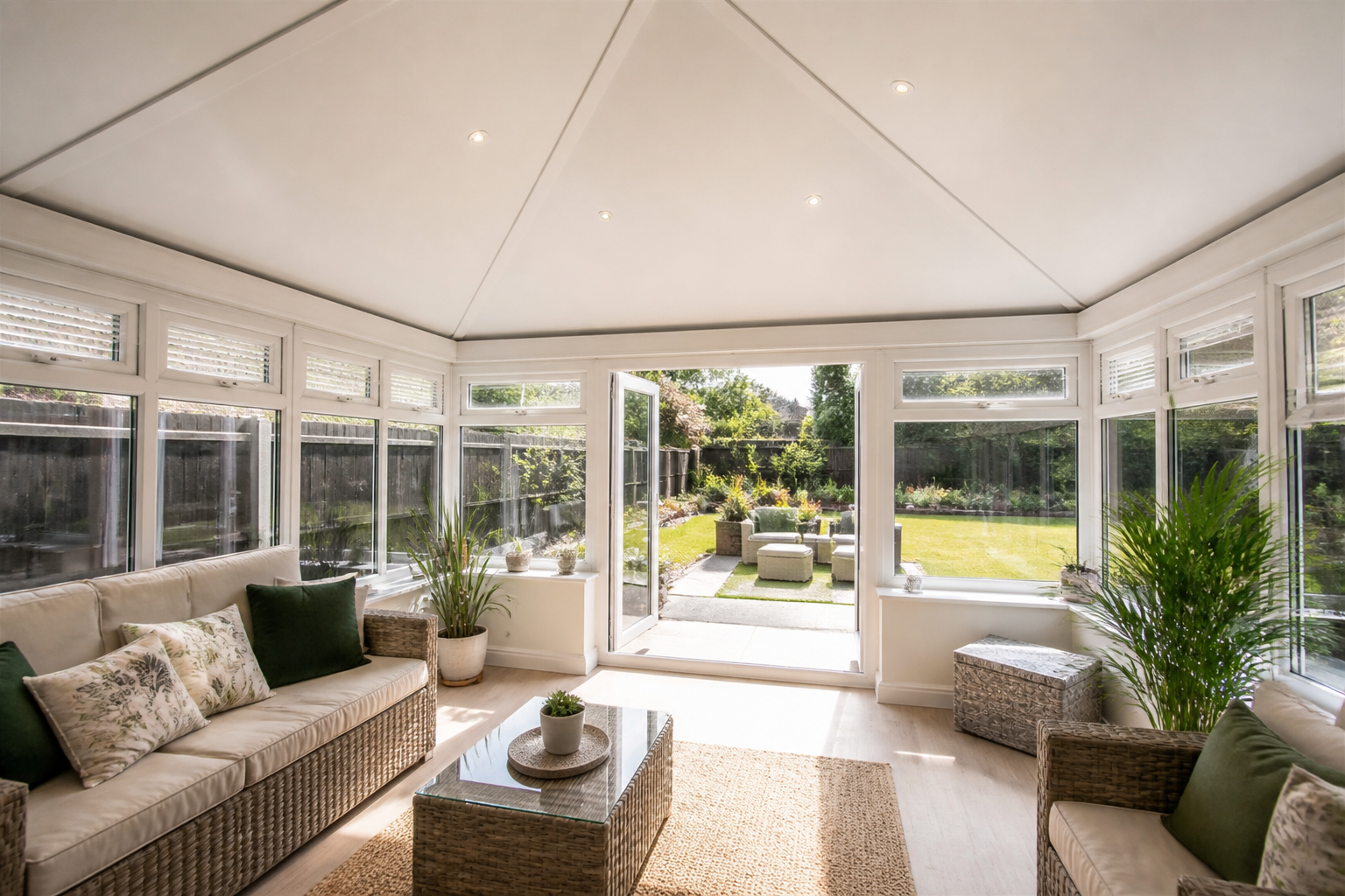 A modern, bright conservatory with a high-quality SupaLite™ insulated warm roof, showing no signs of leaks or damp.