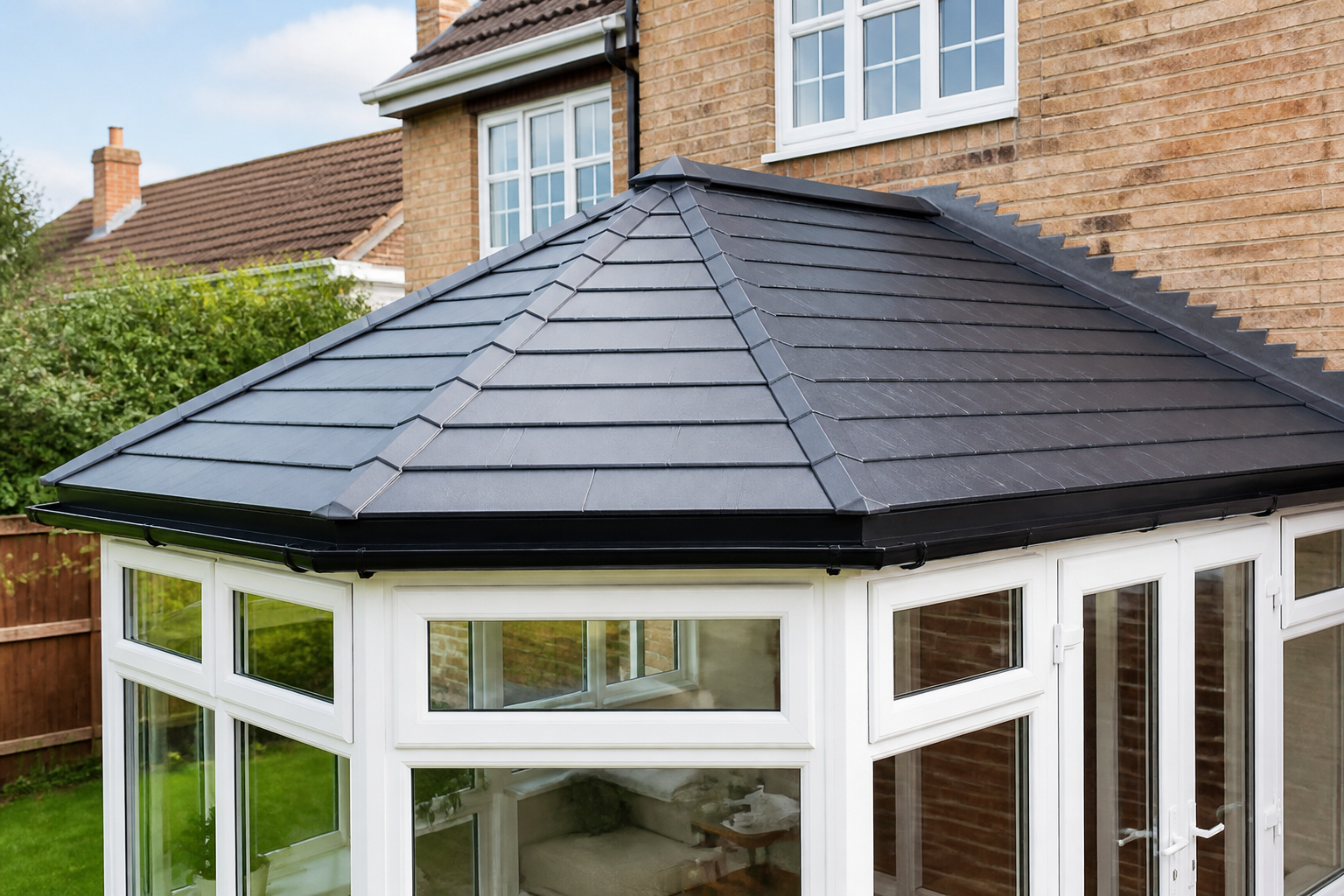 Close-up of a neatly installed insulated warm-roof system with slate-effect tiles, demonstrating a high-quality finish.