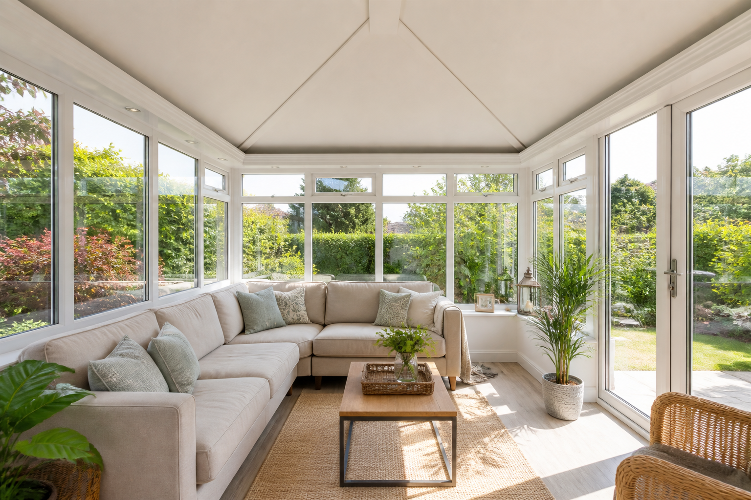 Bright, modern conservatory interior with a warm, insulated ceiling, showcasing comfortable furniture and natural…