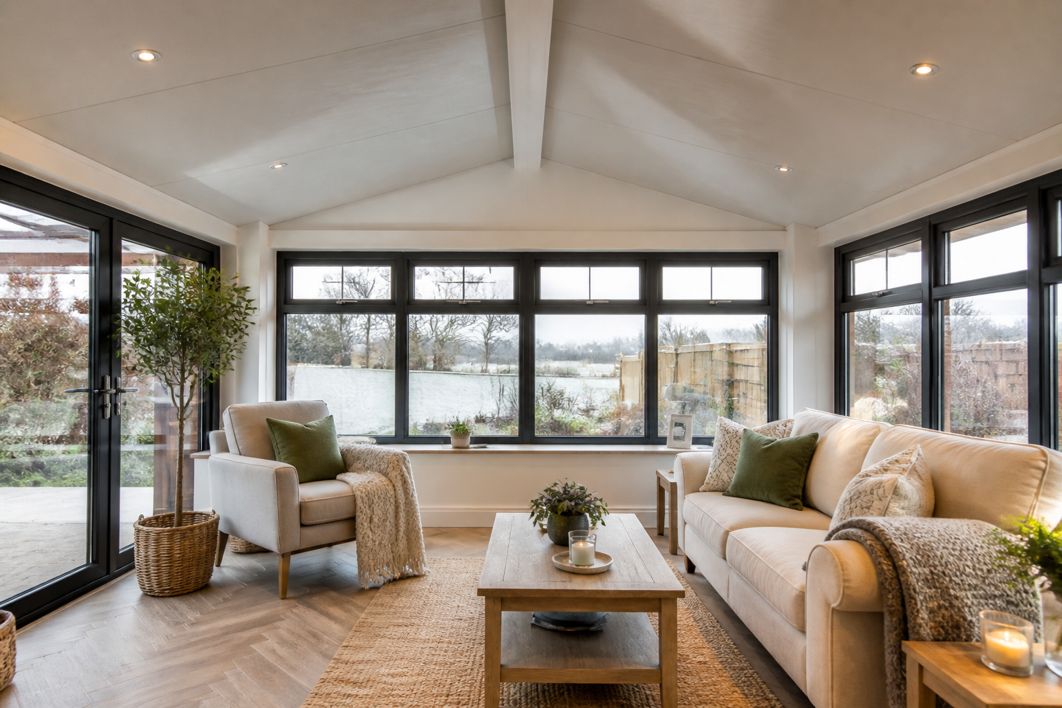 A bright, inviting conservatory interior with a solid, insulated warm roof, showing comfortable furniture and natural…