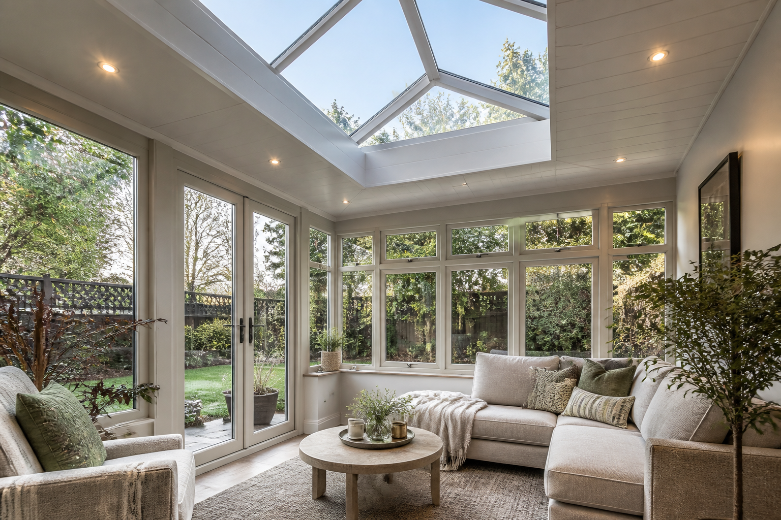 Bright conservatory interior with a modern insulated warm-roof system, letting in natural light through a central…