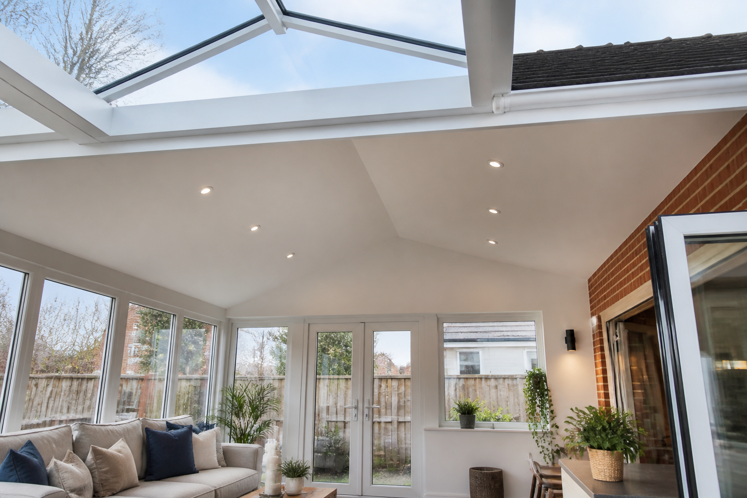 Close-up of a completed SupaLite™ insulated warm-roof system, showing its sleek finish and integrated lighting.