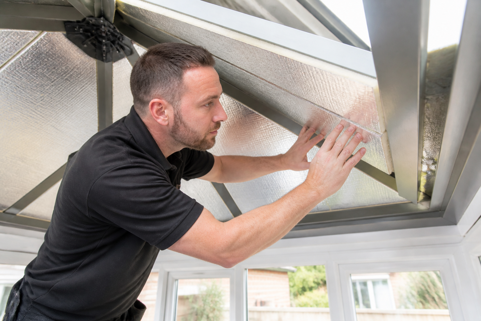 Skilled Southside Better Roofs installer carefully fitting a SupaLite™ insulated warm-roof panel onto a conservatory…