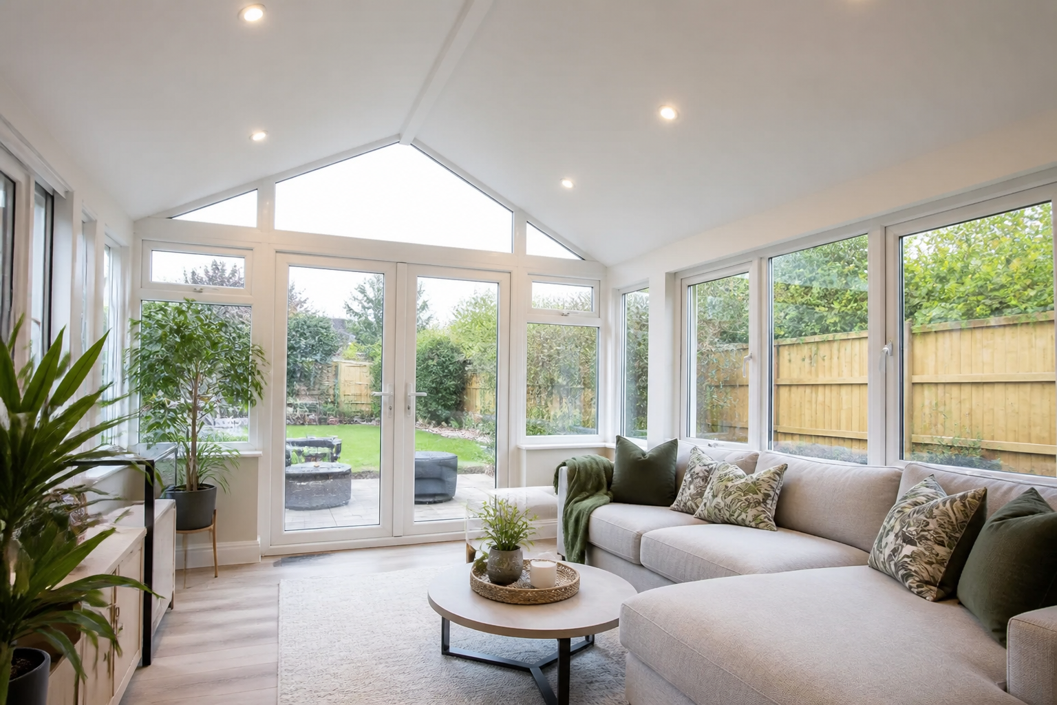 Bright, inviting conservatory interior after a SupaLite™ insulated warm-roof conversion, showing comfortable seating…