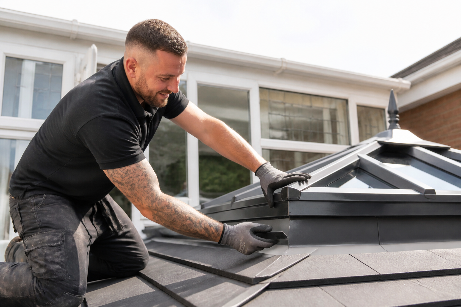 Southside Better Roofs team member expertly installing a SupaLite insulated warm roof system on a conservatory.