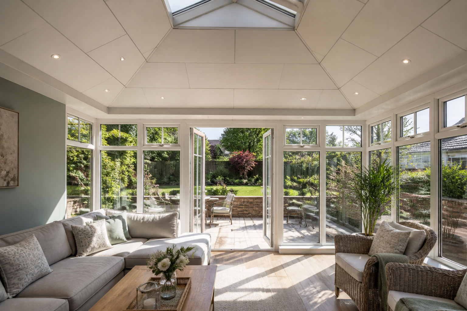 Bright, modern conservatory interior with a newly installed SupaLite warm roof, showing natural light and a…