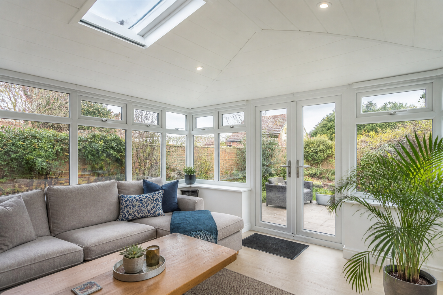 Bright, modern conservatory interior featuring a newly installed SupaLite warm-roof system, letting in natural light…