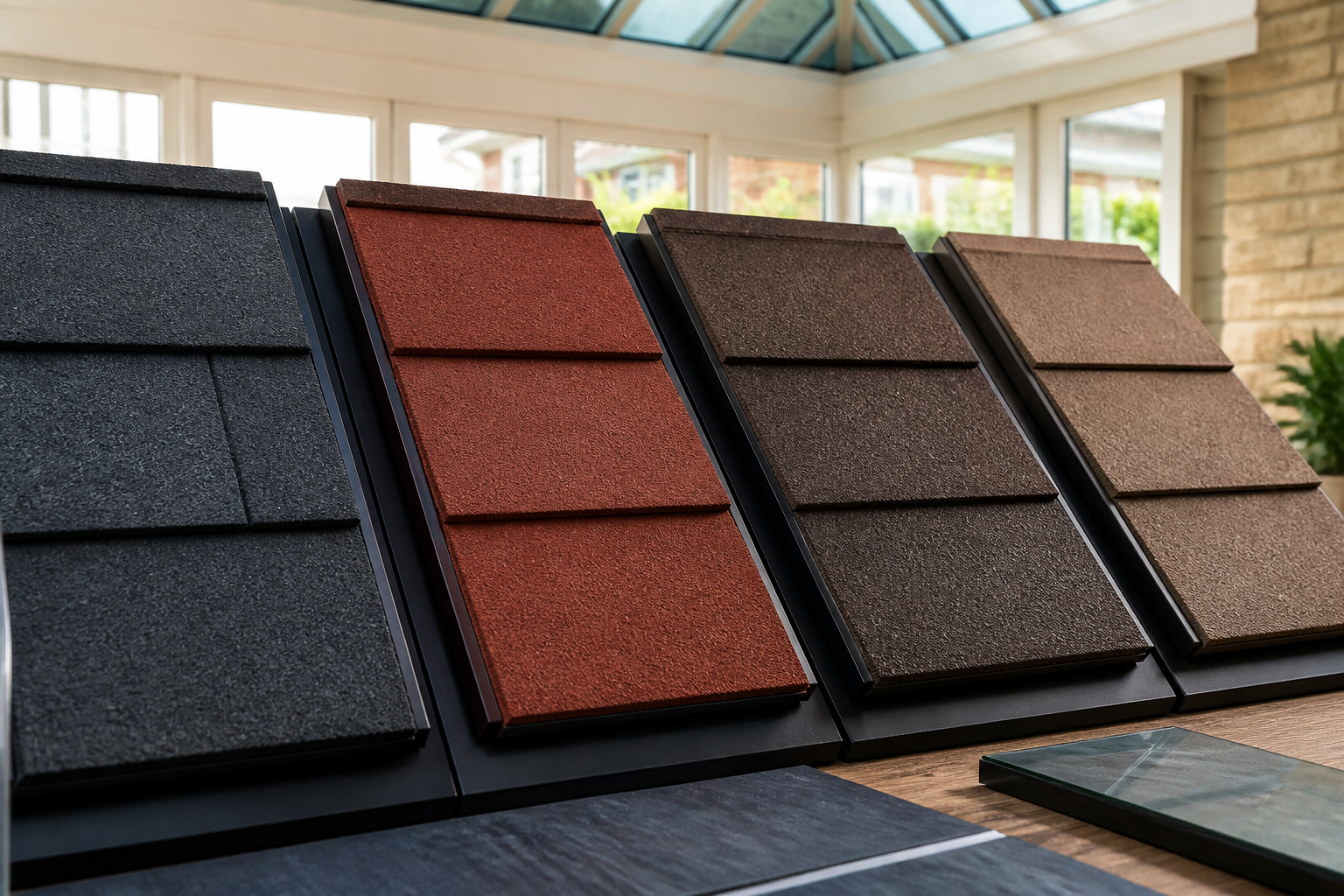 Close-up of composite conservatory roof tiles in a warm brown, showing texture and quality finish.