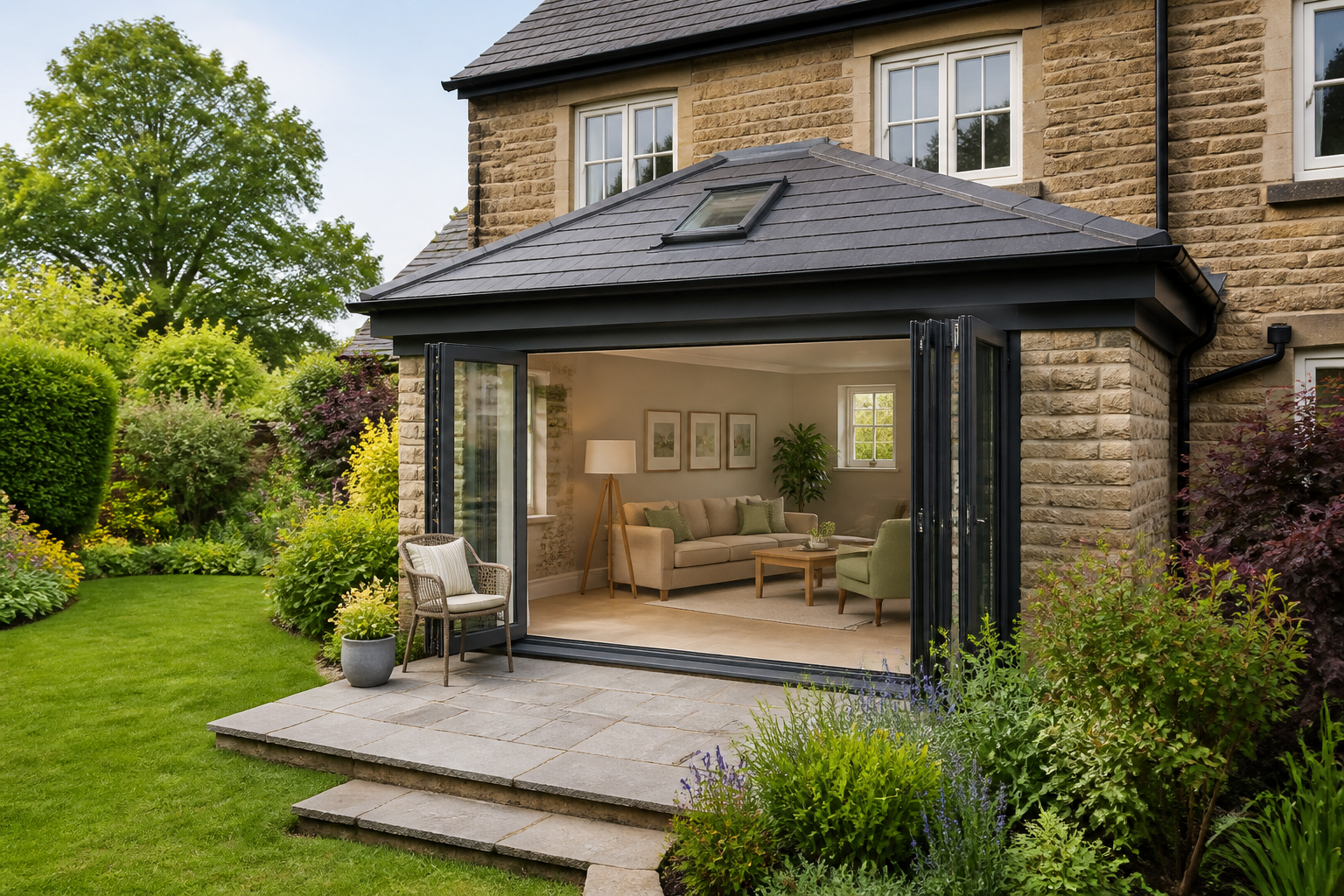 A stylish grey SupaLite™ tiled conservatory roof on a traditional brick home, perfectly integrated with the main…