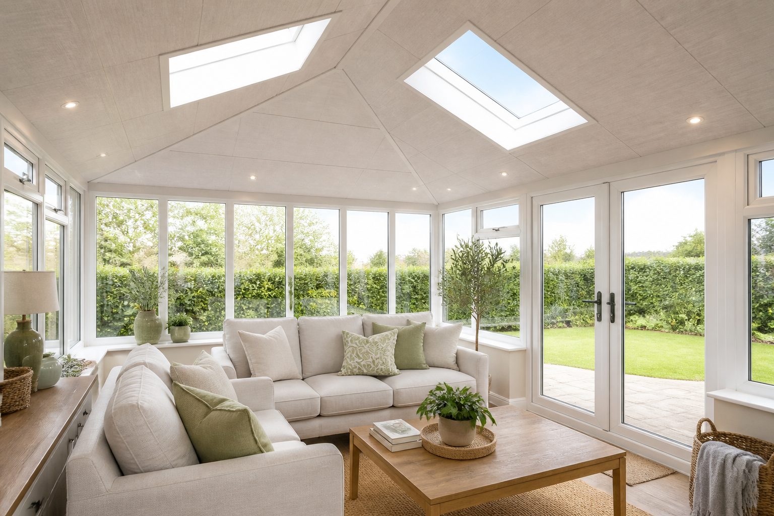 Bright, modern conservatory interior with a newly fitted SupaLite™ tiled warm roof, light streaming in, showing a…