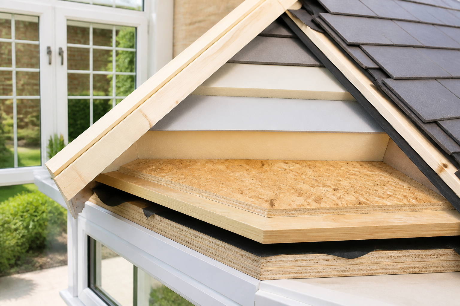 Close-up of a high-quality SupaLite™ insulated warm roof panel being installed on a conservatory, highlighting…