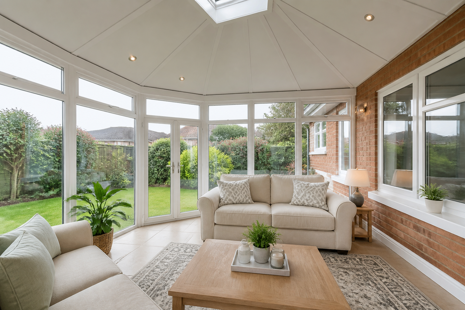 Modern conservatory with a new, tiled warm roof, bright and inviting, showing the interior and exterior transformation.