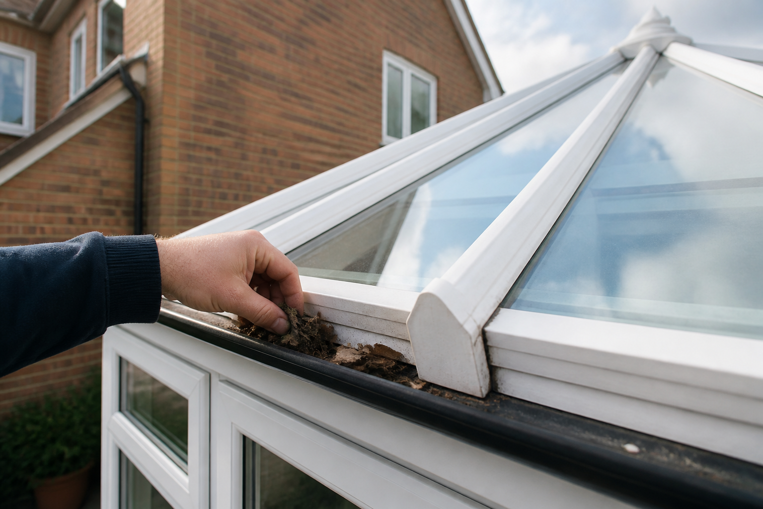 Close-up of a homeowner inspecting their conservatory roof for wear and tear, highlighting areas like seals and gutters.