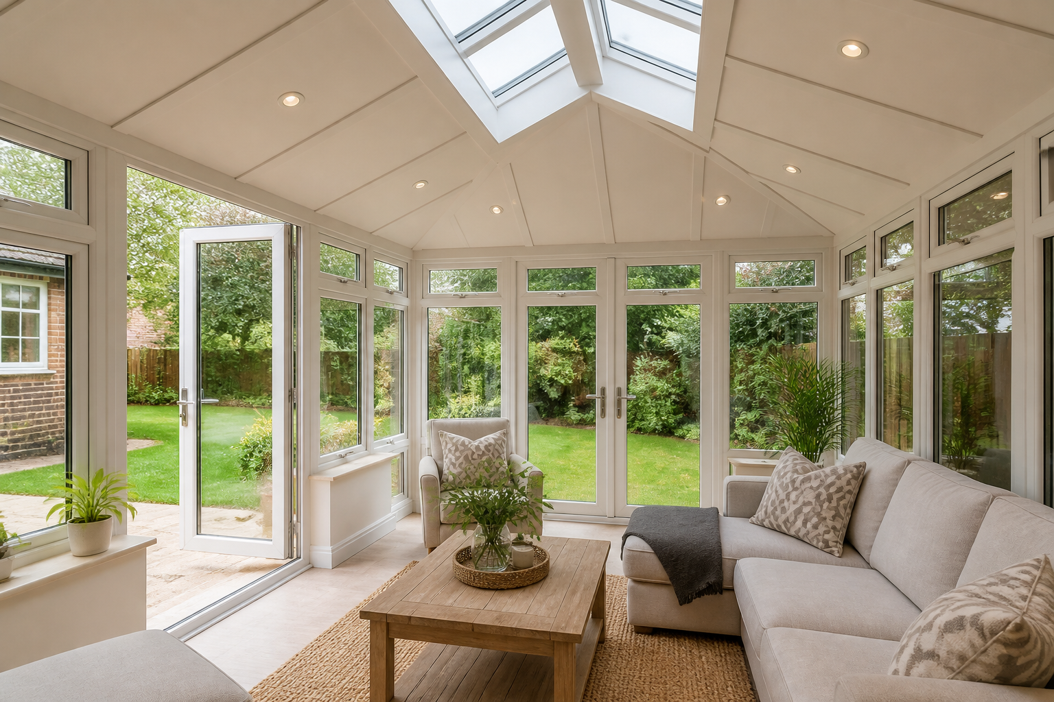 Well-maintained modern conservatory with a SupaLite warm roof, bright and inviting, in a UK garden setting.