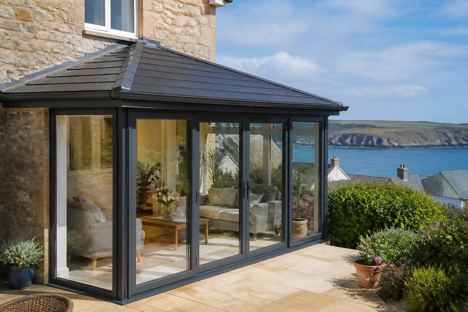 Close-up of the exterior of a newly fitted anthracite grey SupaLite™ warm roof on a conservatory, showcasing its…