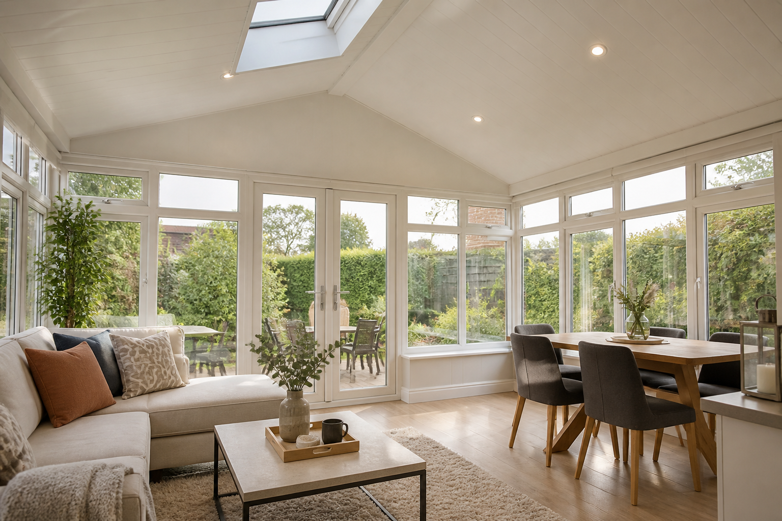 Bright, modern conservatory interior with a newly installed white SupaLite™ insulated warm roof, showing comfortable…