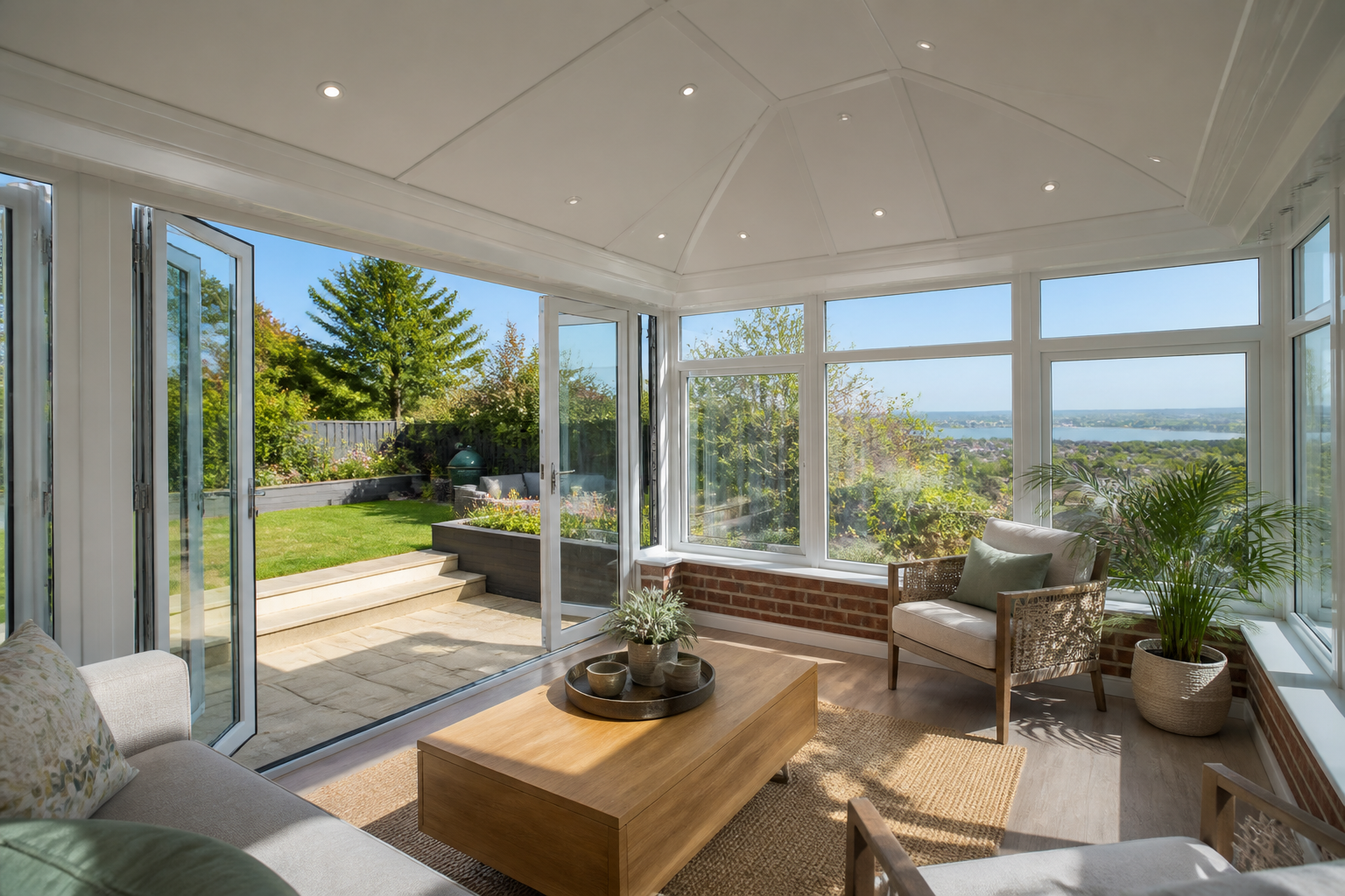 Modern conservatory with a newly installed SupaLite warm roof, bright and inviting, on a sunny day in a UK garden