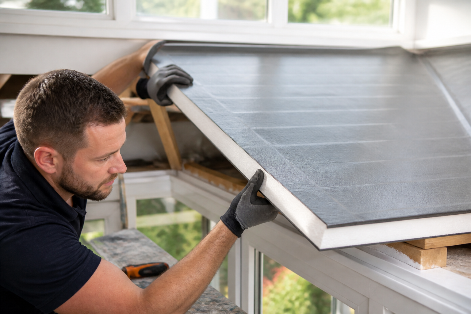 Southside Better Roofs team installing a SupaLite warm roof on a conservatory, focusing on quality and efficiency