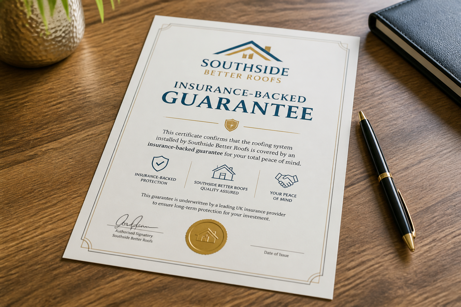Close-up of a certificate displaying an insurance-backed guarantee with Southside Better Roofs branding, held by a…