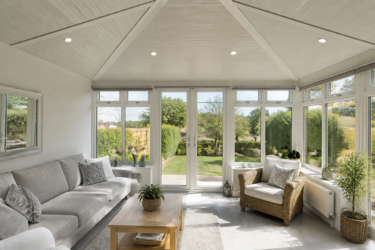 A bright, modern conservatory interior featuring a newly installed SupaLite warm roof system, with natural light…