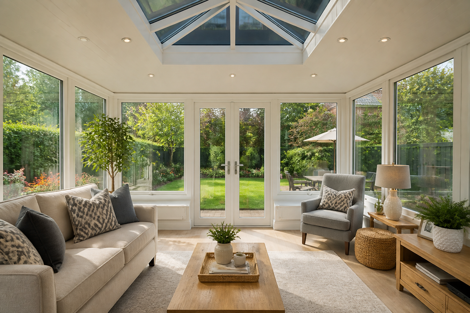 Bright and inviting conservatory interior with a new SupaLite warm roof, showing comfortable furniture and natural light