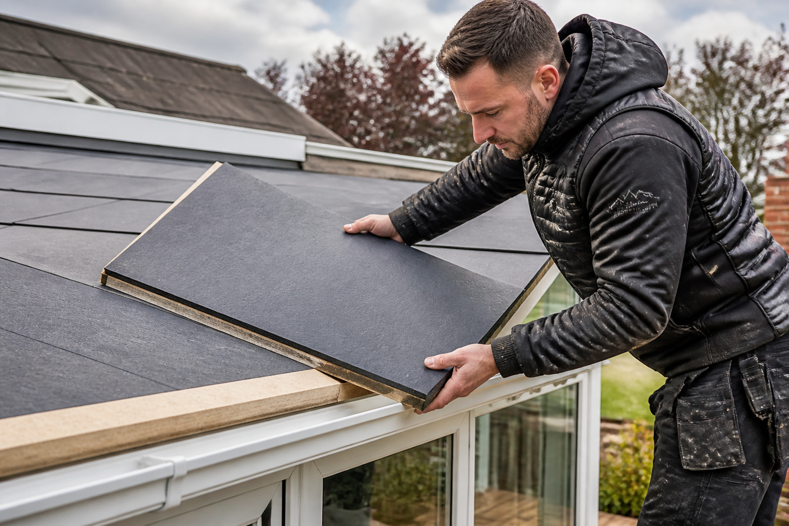 Experienced Southside Better Roofs installer carefully fitting a SupaLite warm roof panel onto a conservatory structure
