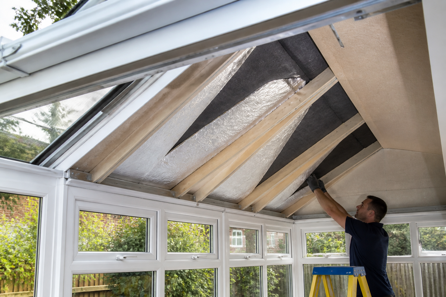 Close-up of a high-quality SupaLite insulated warm roof system during installation on a conservatory