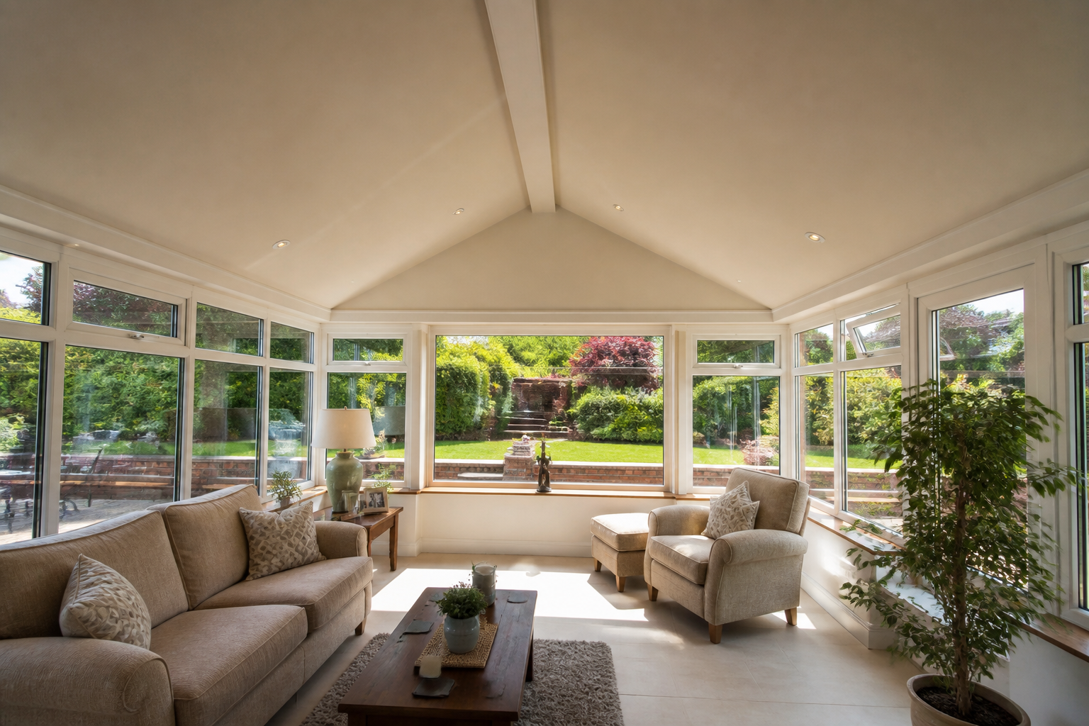 Modern conservatory with a new SupaLite warm roof, bright interior, comfortable seating, and garden view
