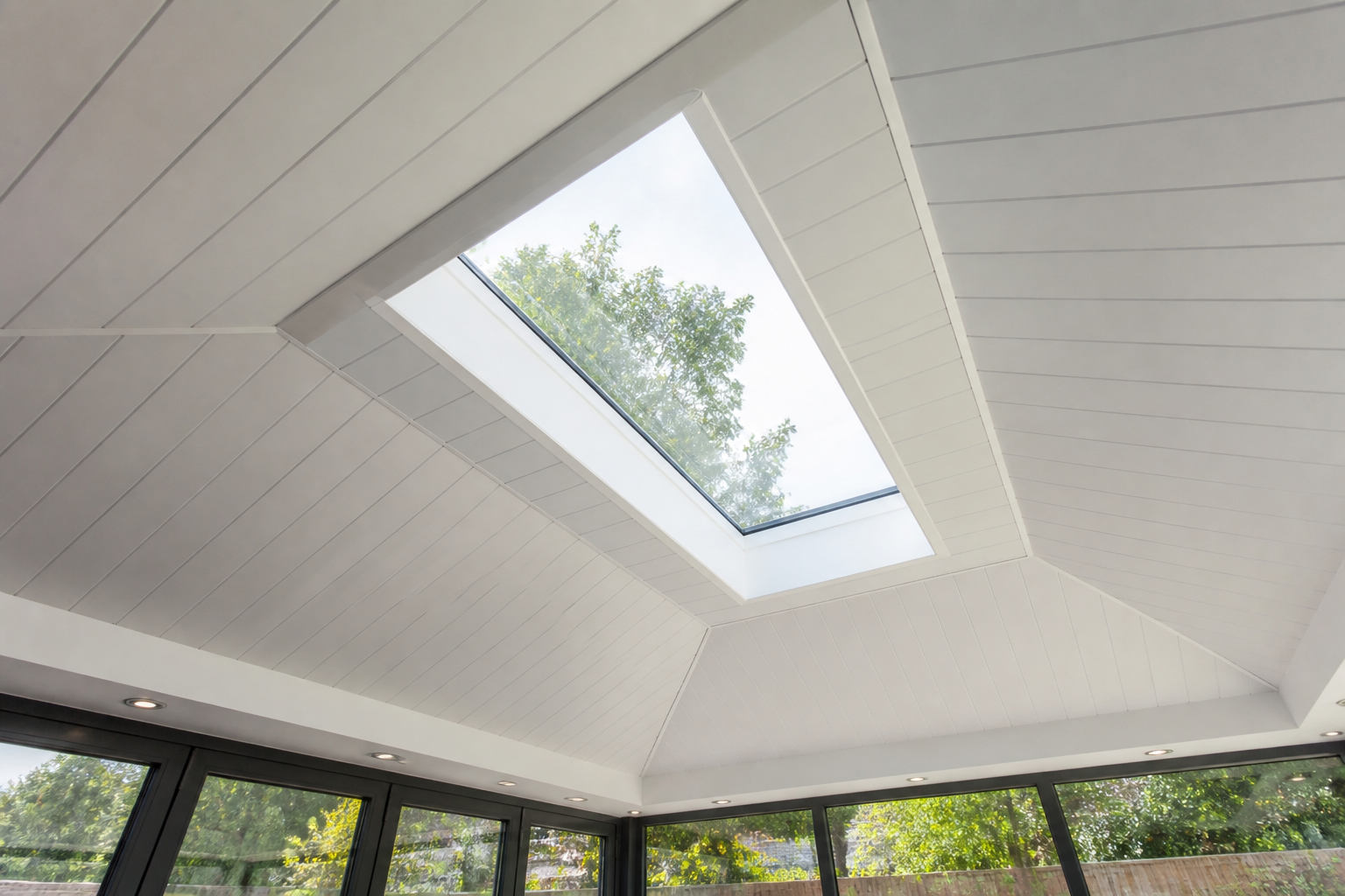 Close-up of a well-finished SupaLite warm roof section with a clean, modern roof lantern providing ample light…