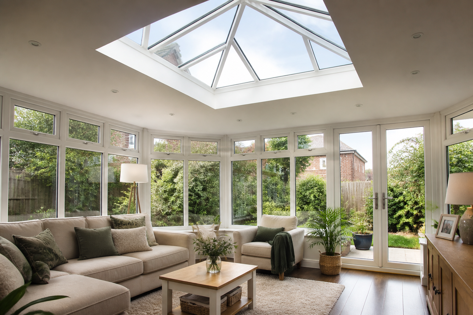 Bright conservatory interior featuring a new white SupaLite warm roof with a central roof lantern, comfortable…
