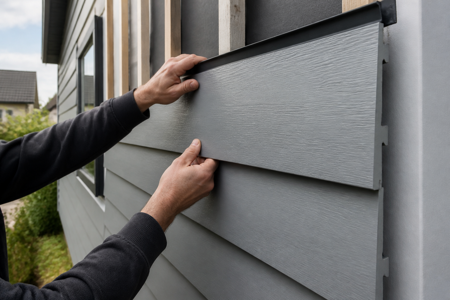 Close-up of Durasid composite cladding installation on a house, showing the expert workmanship and seamless finish…