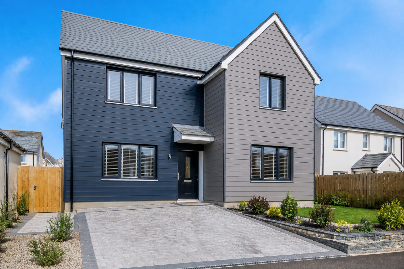Modern home in Plymouth with striking new navy blue composite cladding on the front elevation and grey on the gable…