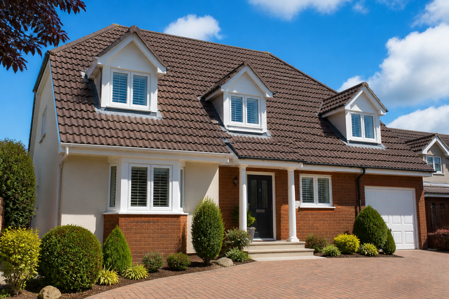 A well-maintained, clean tiled roof on a detached home in Plymouth on a sunny day, showcasing a blend of traditional…